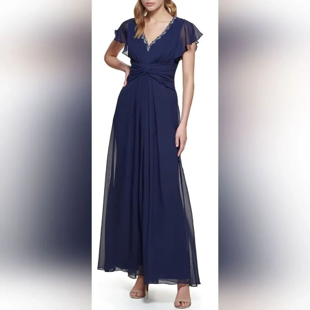 Eliza J Twist Waist Chiffon Flutter Sleeve Beaded Dress NWOT sz 4 Navy Blue